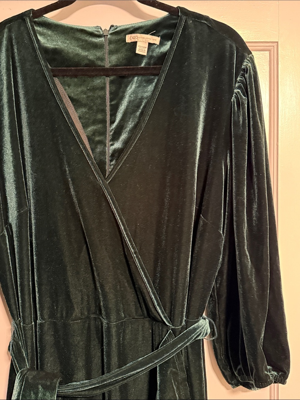 Cato Dark Green Velvet Feel Surplice Top Long Sleeve Belted Dress - Picture 3 of 5